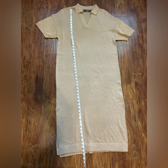 Lightweight Sweater Dress Midi Length In Tan Collar Coastal - Picture 7 of 8